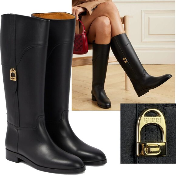 Gucci Shoes - GUCCI BOOTS ANNA KNEE HIGH BLACK LEATHER w GOLD TONE LOGO BUCKLE sz 39.5 US 9.5